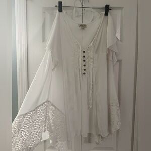 ONE WORLD Creamy White Ruffled-sleeved, Sheer Tunic w/Tie Front & Crochet Detail
